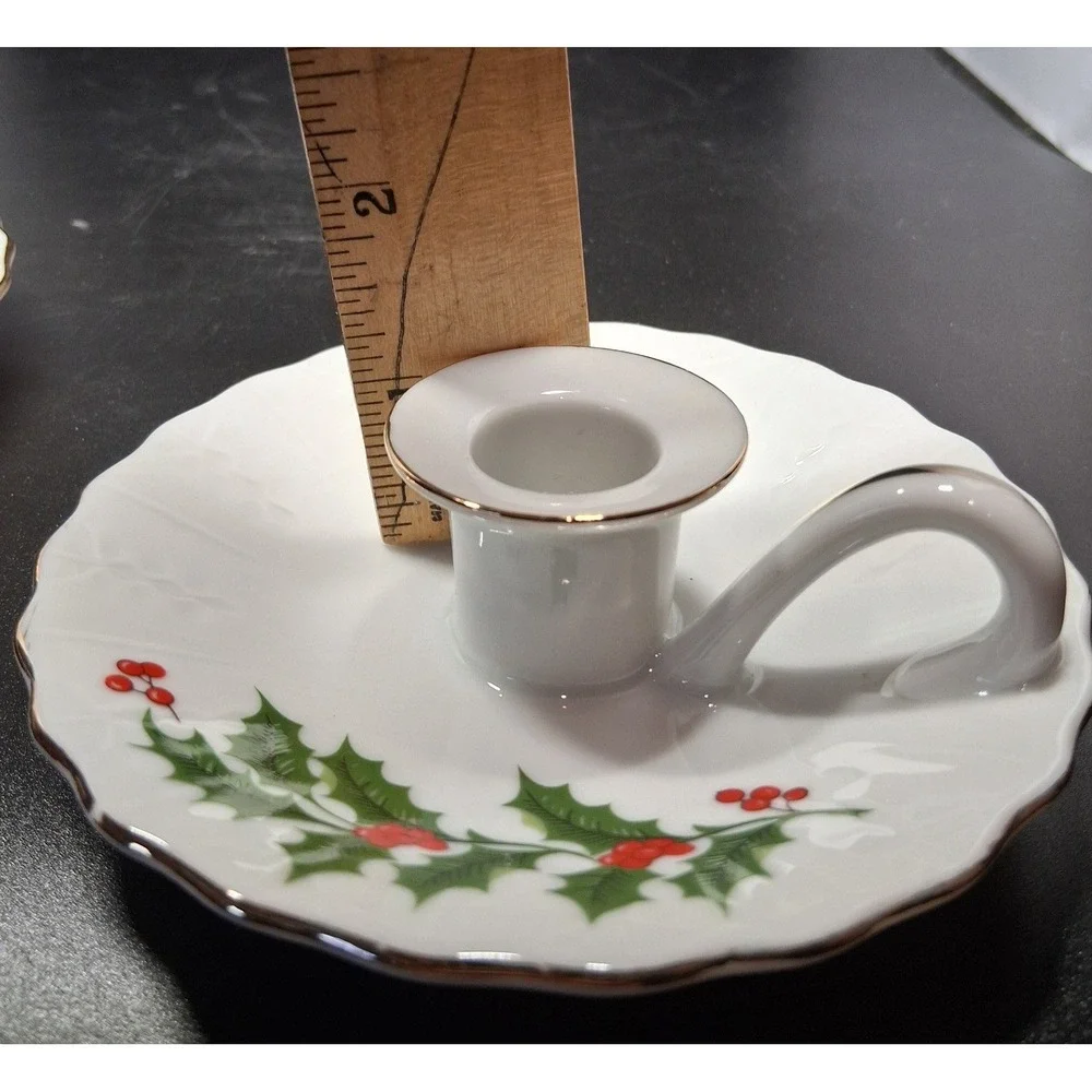 All The Trimmings Holiday Holly Porcelain Candle Holders Set of 2 Japan gold Trm